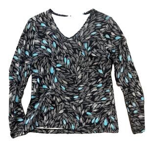 Black & Teal Feather Print Long Sleeve Top Size PS